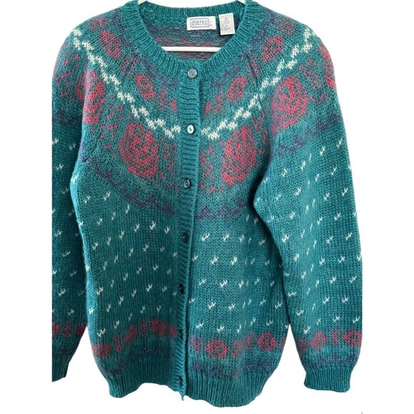Vintage 90's Ashley Mohair Cardigan Sweater Sz Large Fairisle Roses Pink Green - Picture 1 of 8